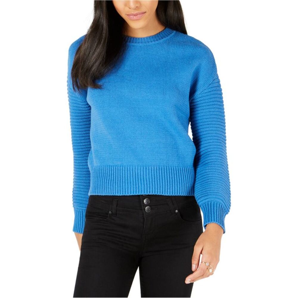 maison Jules Womens Ribbed Sleeve Pullover Sweater, Blue, S, DM